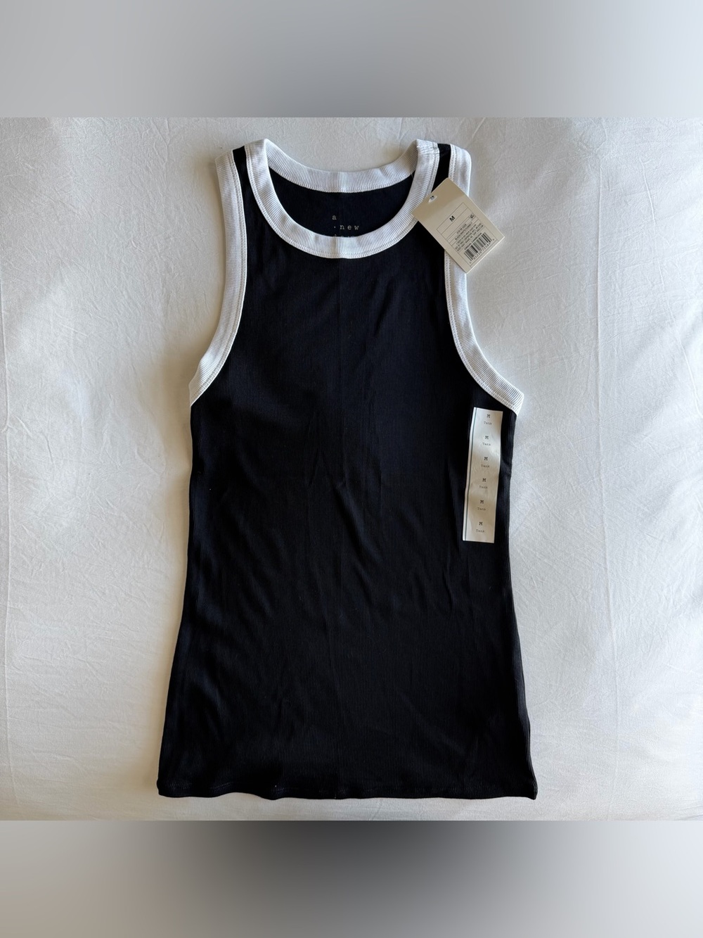 NEW! “A New Day” Slim Fit Ribbed Tank Top, Black/White, Size Medium, Pullover